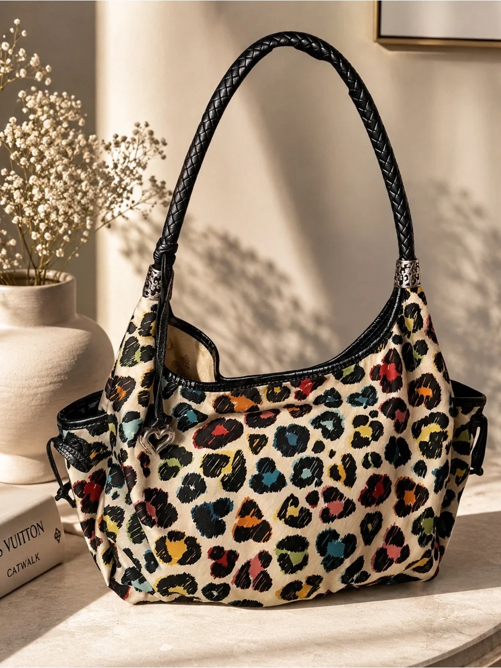 Brighton Multicolor Leopard Print Hobo Shoulder Bag Heart Charm